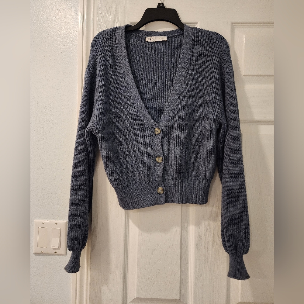 Zara Blue Balloon Sleeve Cardigan Sweater